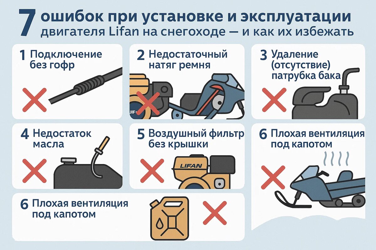 Ставите Lifan на «Буран» или похожий снегоход? Сам двигатель — полдела. Большинство проблем случается не из-за мотора, а из-за мелочей: перекоса вариатора, закрытых кожухов, «скруток» в проводке. Разбираем типовые ошибки и показываем, как сделать правильно с первого раза.
