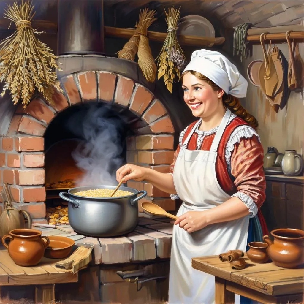 Весёлая Ленивая Стряпуха варит перловую кашу. Создано в GigaChat по запросу автора для иллюстрации публикации.