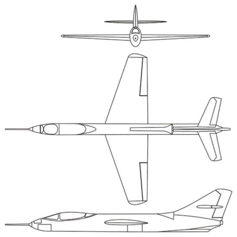 а этой схеме общего вида показаны тонкие линии проекта гоночного самолета Coppelia. Чертеж сайта minijets.org