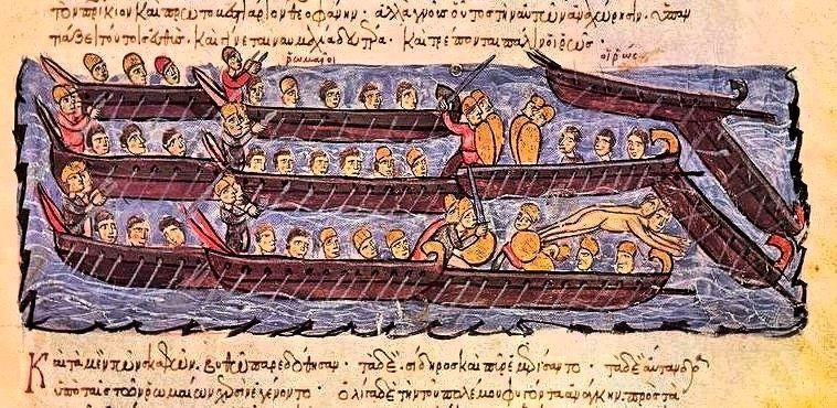 византийский флот отражает нападение Руси на Константинополь в 941 году. Миниатюра из «Хроники» Иоанна Скилицы. XII–XIII века