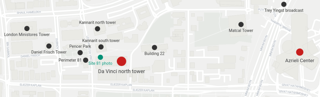 Карта с указанием важных объектов, пострадавших в результате авиаударов Ирана по району Кирьят-Гат в Тель-Авиве 13 июня 2025 года. Красным цветом отмечены объекты, которые, по подтверждённым данным, были повреждены в результате ударов.