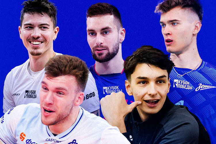    Слева направо: Тетюхин, Сапожков, Абаев, Николов, Бабкевич / фото: vcdynamo.ru, belogorievolley.ru, lokovolley.com