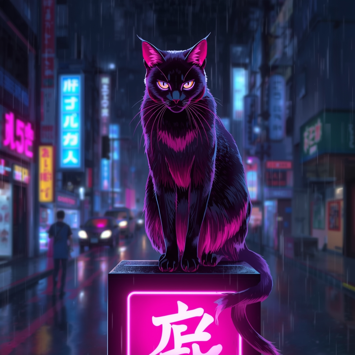 Результат Leonardo.Ai. Заметна проработка деталей, особенно неоновых бликов на шерсти. Стиль киберпанк передан точно.