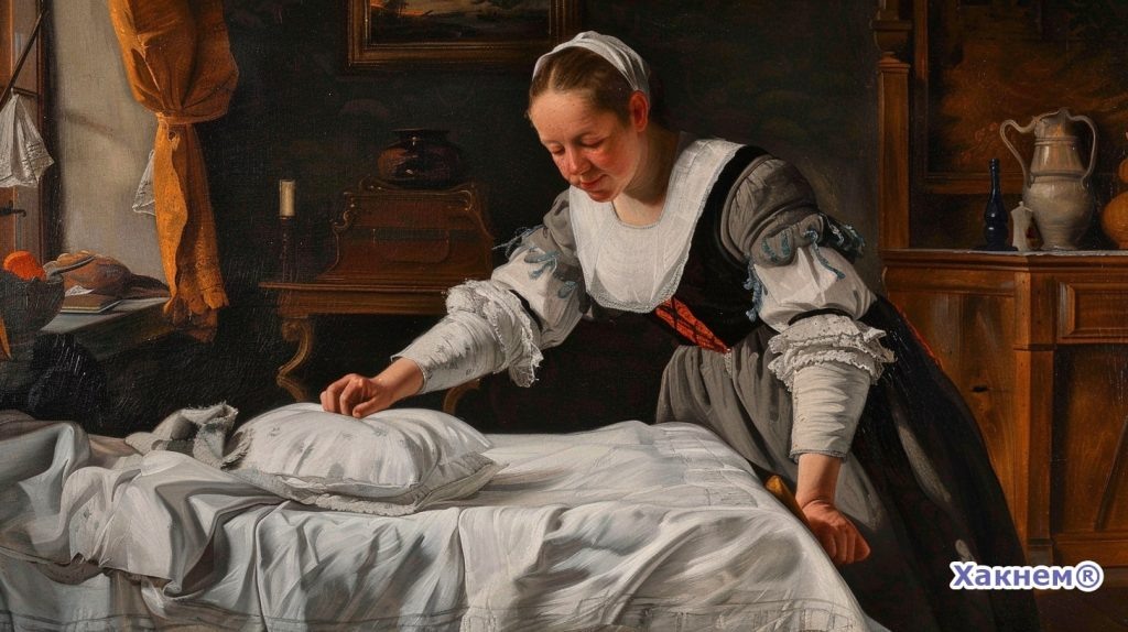 Домохозяйка 17 века заправляет кровать с белоснежным постельным бельём в уютной комнате.