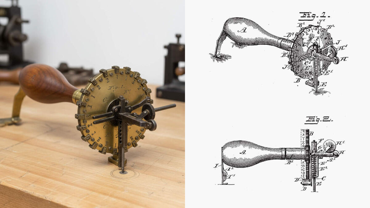     Фото: Columbia Records/Recraft AI Машинка Columbia Music — очень компактное устройство 11,5×2×6 см, напоминавшее маховое колесо с ручкой