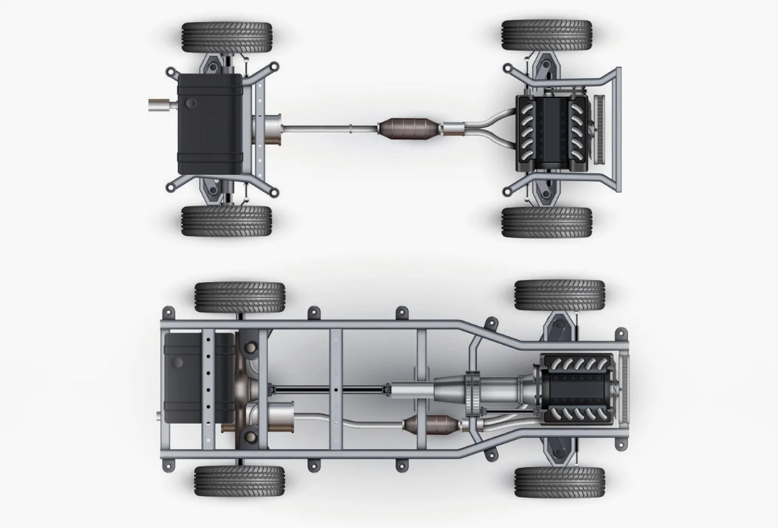 На верхней схеме — автомобиль с несущим кузовом и двумя подрамниками, передним и задним. На нижней — автомобиль рамной конструкции. Источник: VitaminCo / Shutterstock
