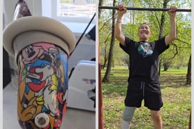    Пётр Шамаев отнёсся к ранению философски: заказал яркий протез и активно занимается реабилитацией. Фото: Телеграм-канал Петра Шамаева/ кадры видео