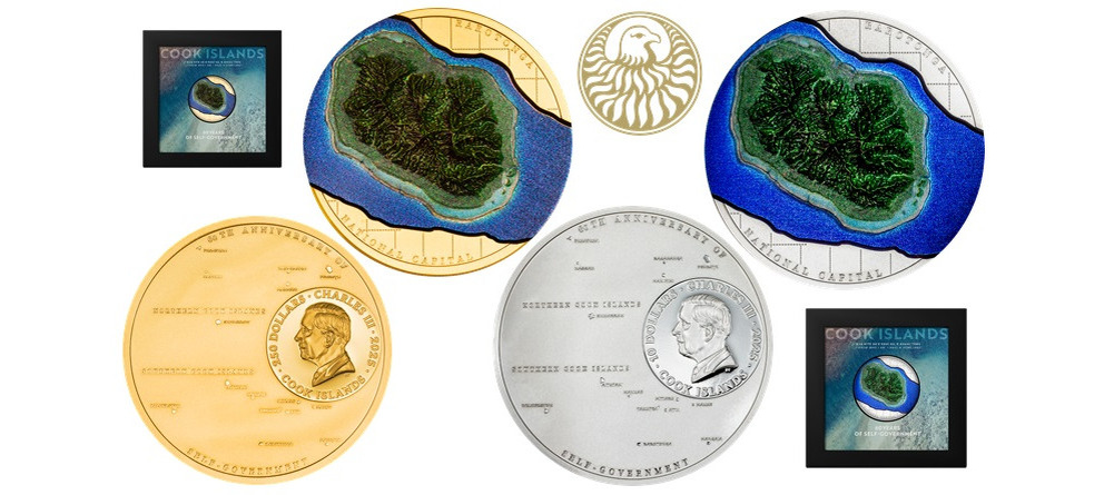    Монеты Островов Кука 2025 года с картой архипелага и острова Раротонга