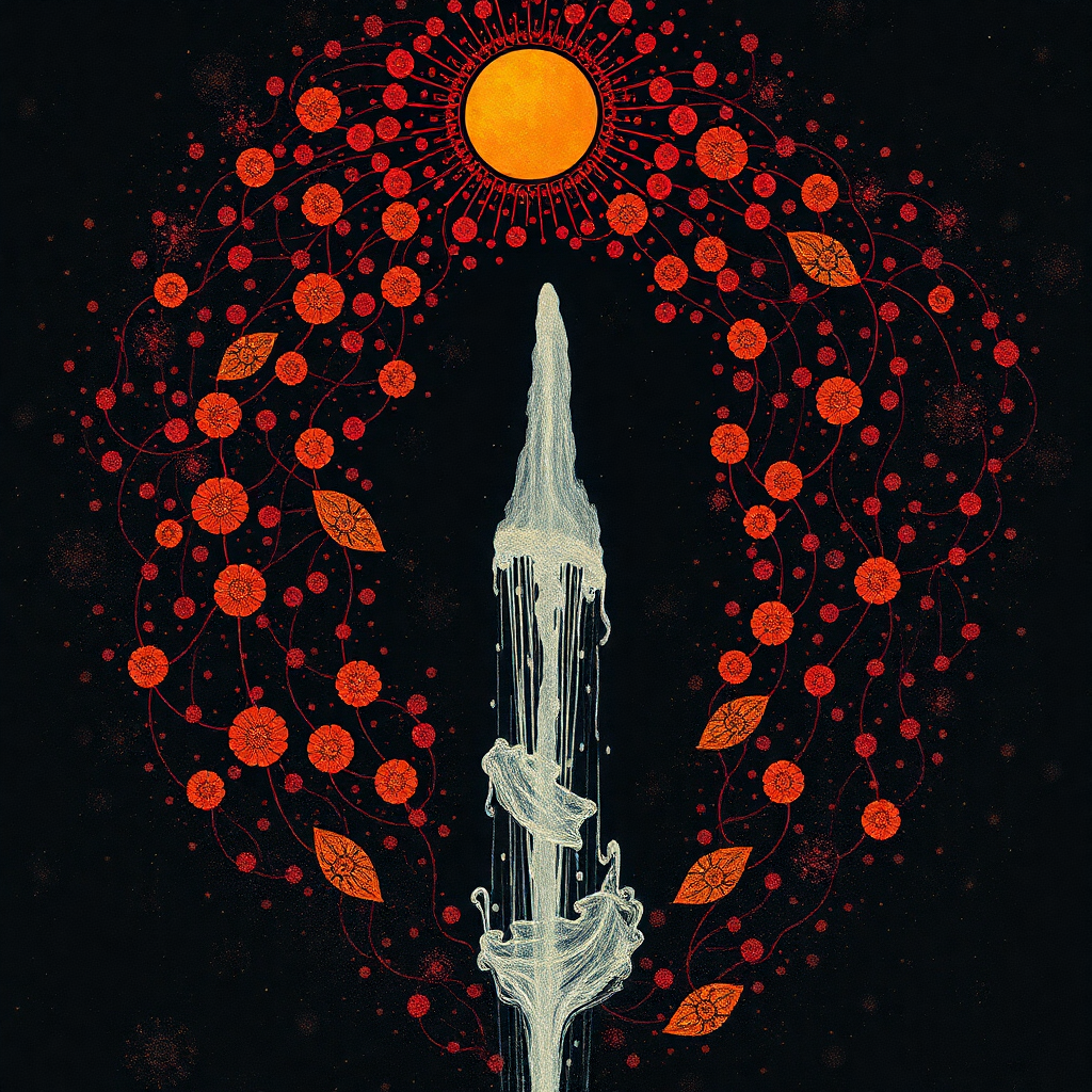 "Кроваво-черное ничто взмесило
Систему тел, спряженных в глуби тел,
Спряженных в глуби тем, там, в темноте
Спряженных тоже. Явственно до жути
Передо мной ударила из мути
Фонтана белоснежного струя".
Изображение создано с помощью ИИ.