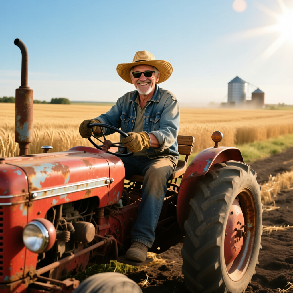 Счастливый тракторист улыбается 