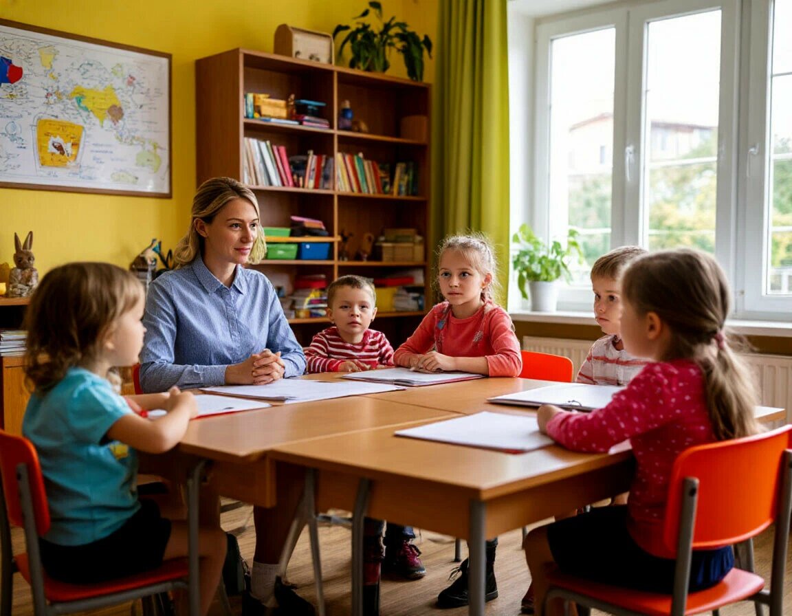 Так может проходить урок немецкого. У нас в кабинете немецкого стояли легкие индивидуальные парты, которые легко сдвигали для работа в парах и мини-группах. В моем кабинете таких не было. 