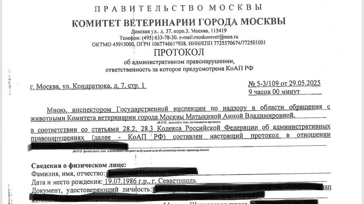 Протокол, выписанный в отношении хозяйки Зефира. Фото: сообщество «Звездный пес – клуб служебных собак в отставке» во «ВКонтакте»