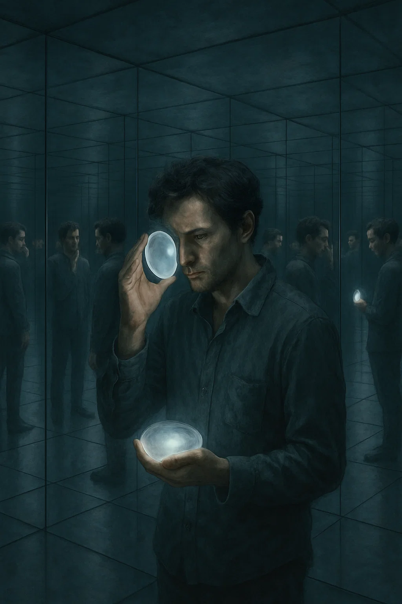 Глубоко в бесконечных отражениях себя, он ищет истину, не боясь признать: "Я не уверен". В этой неуверенности — его истинная сила.