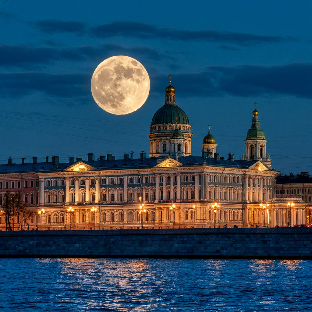 Белая ночь. Луна. Ленинград. Дворцы. 