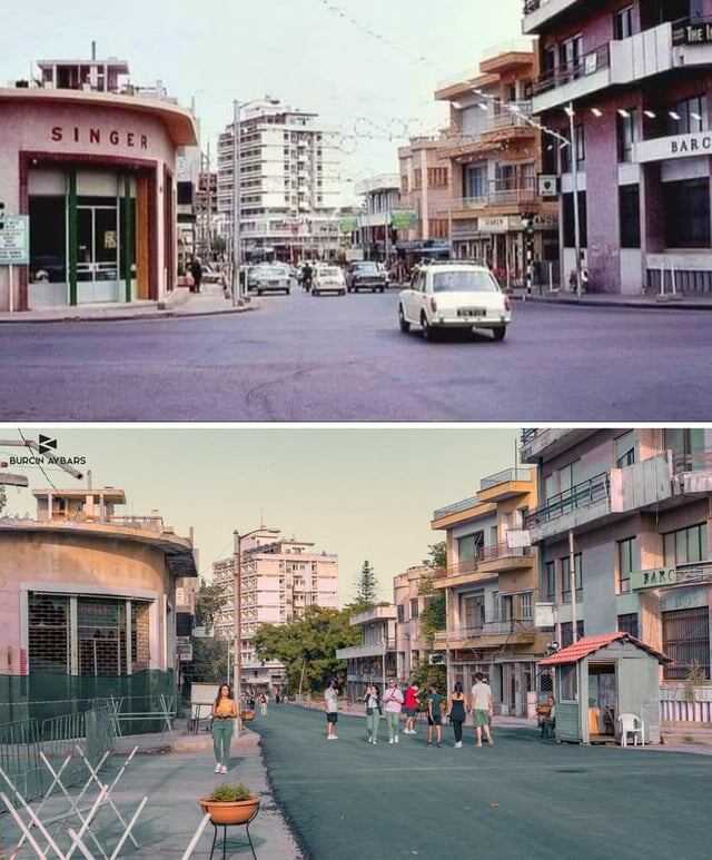На этой исторической фотографии показана оживленная улица Вароши до 1974 года: автомобили, магазины и люди на фоне современных зданий. Сравнение с современным видом подчеркивает изменения. Источник: Reddit.