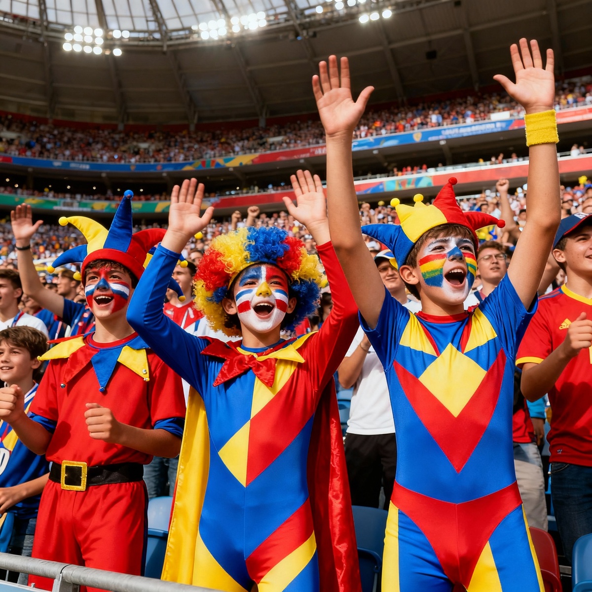 Фанаты в ярких костюмах на стадионе