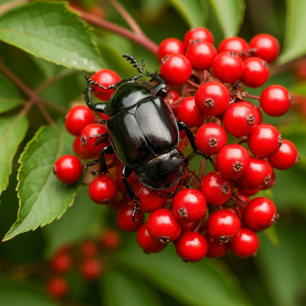 Жук - носорог. Куст бузины с красными ягодами.