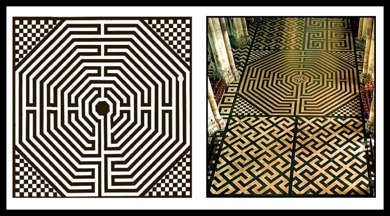 Рисунок лабиринта Амьенского собора и свастичный ведический орнамент по бокам.