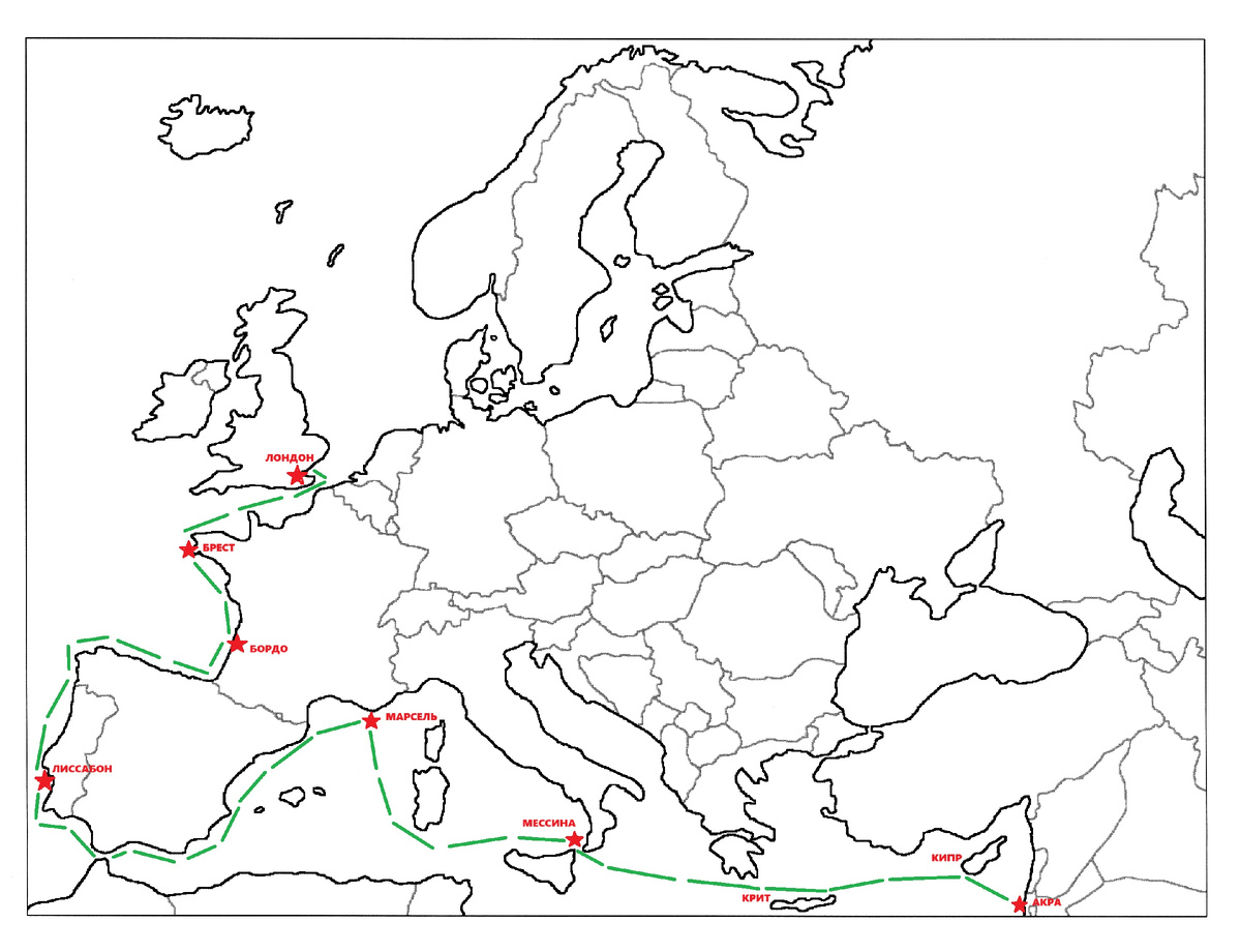 Первоначальный морской маршрут, которым Ричард Львиное Сердце в августе 1192 года намеревался вернуться из Акры в Лондон