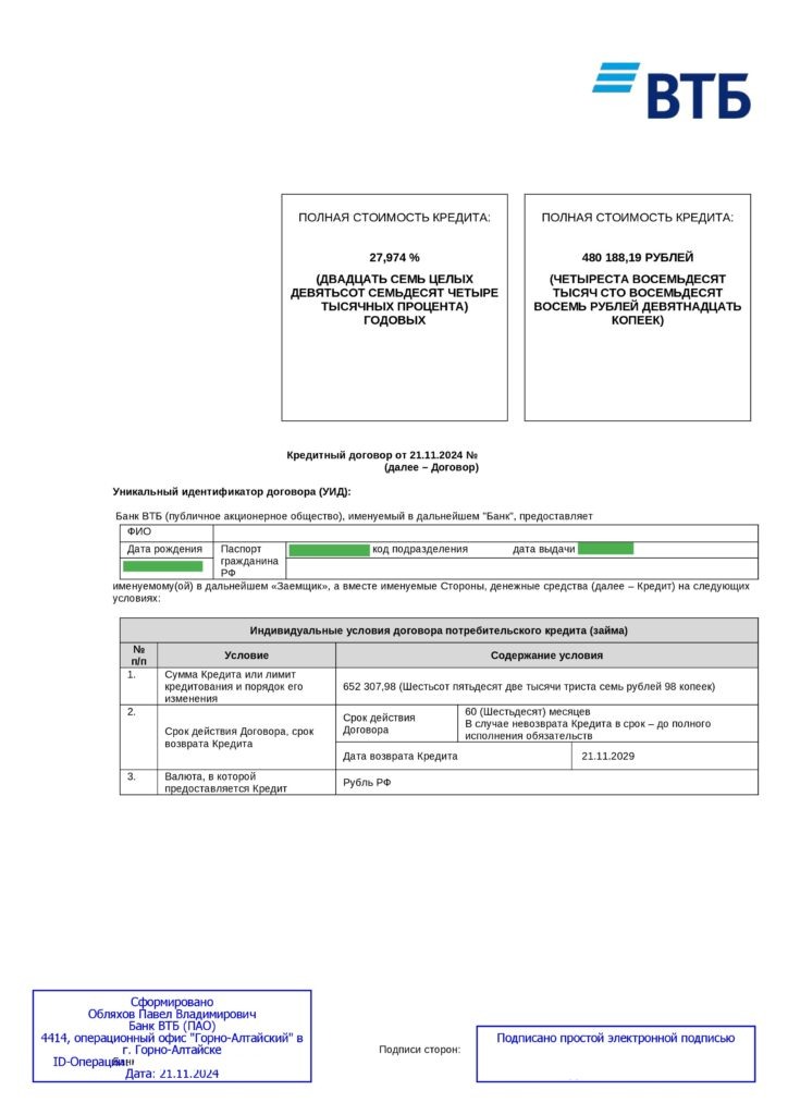 Кредитный договор в ПАО "ВТБ Банк"