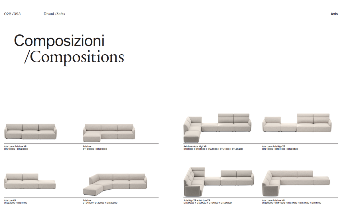 Система Axis работает как конструктор. Прямые модули, угловые элементы и шезлонги можно комбинировать в бесчисленных вариациях, создавая уникальное решение для вашего пространства. На фото — лишь несколько примеров из множества возможных конфигураций.