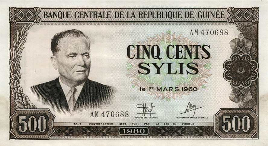 Президент Югославии Иосип Броз Тито, на банкноте Гвинеи 500 сили 1980 года.