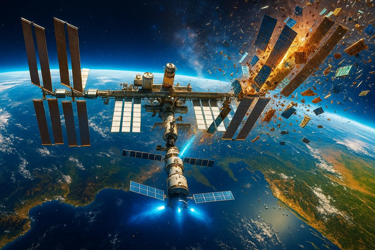 Лавина металлического хлама несётся на хрупкую МКС. Острые обломки старых спутников и ракет заполнили пространство, создавая прямую угрозу станции на фоне яркой Земли. Динамичный хаос на орбите.