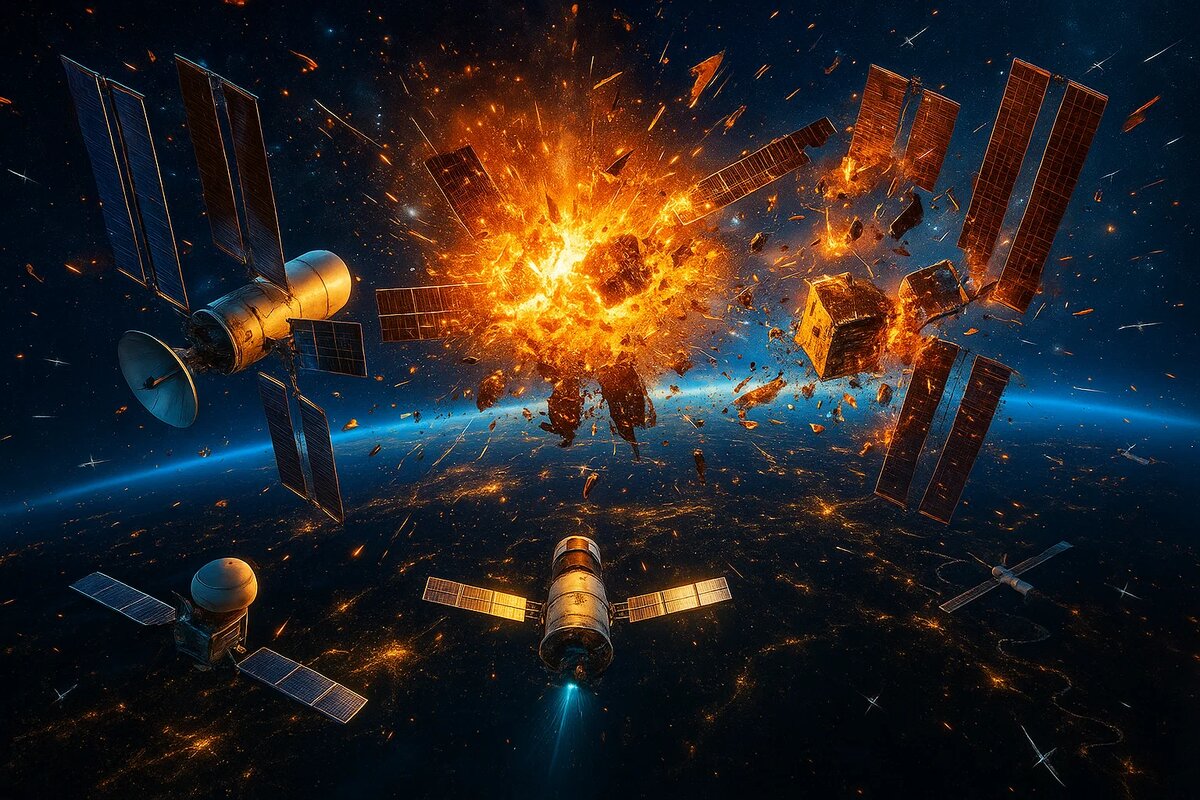 Момент неотвратимой катастрофы: два спутника сталкиваются, порождая огненный взрыв и тысячи новых осколков. Начинается неконтролируемая цепная реакция, угрожающая всей спутниковой сети Земли.