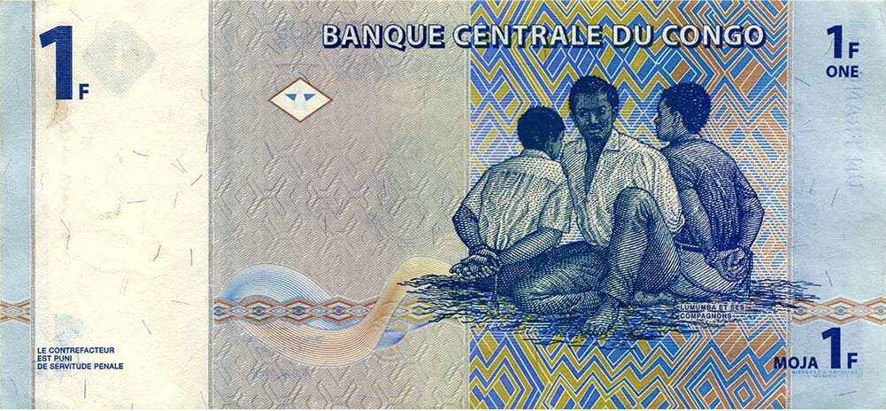 Аверс банкноты 1 франк Демократической Республики Конго 1997 года