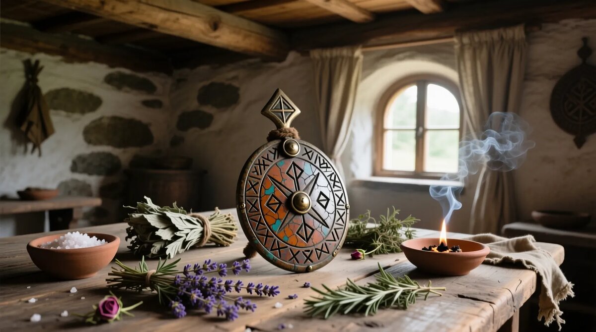 Художественная интерпретация места проведения ритуала очищения и защиты. Обереги, травы и дым — символы древнего знания.