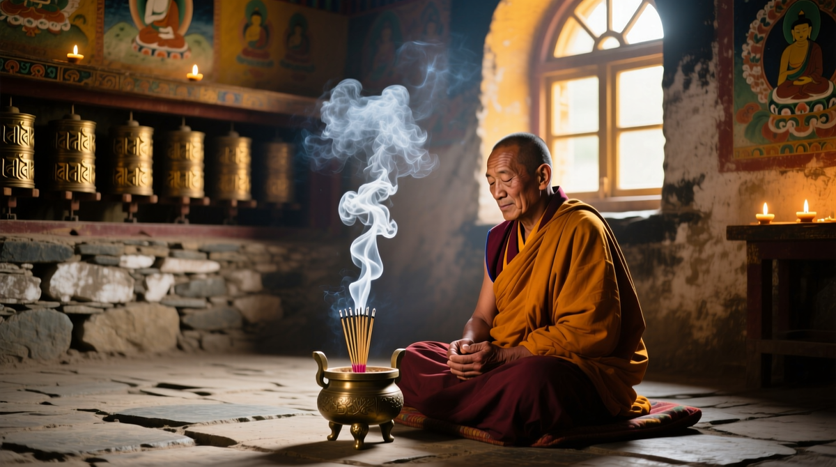 Художественная интерпретация места проведения ритуала очищения и защиты. Обереги, травы и дым — символы древнего знания.