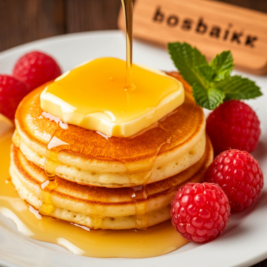На изображении — стопка пышных золотистых оладий, покрытых тающими ломтиками сливочного масла. Сквозь румяную, слегка хрустящую корочку видна нежная, пористая мякоть. Аппетитные капельки меда 🍯 стекают по бокам, а рядом на деревянной дощечке лежат спелые ягоды малины и веточка мяты, подчеркивая уютную домашнюю атмосферу этого идеального завтрака.
