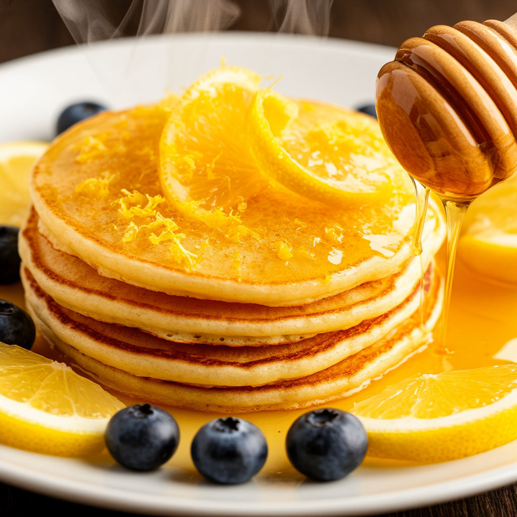 На изображении — нежные оладьи на йогурте, похожие на золотистые облачка ☁️. Их бархатистая поверхность с тонкой румяной корочкой усыпана свежей лимонной цедрой 🍋. Рядом струится ароматный мед, а на белоснежной тарелке яркими акцентами лежат дольки лимона и сочная черника. Лёгкий пар, поднимающийся от оладий, наполняет кадр уютом и свежестью.