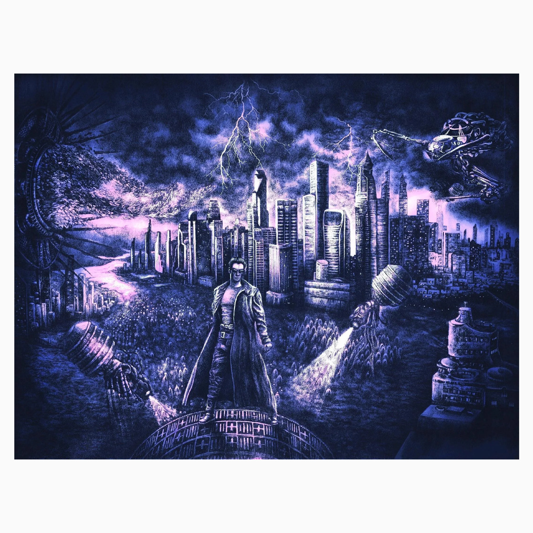 "Сделай свой выбор", 70х50, синяя, тонированная бумага, чернила, флуоресцентный акрил