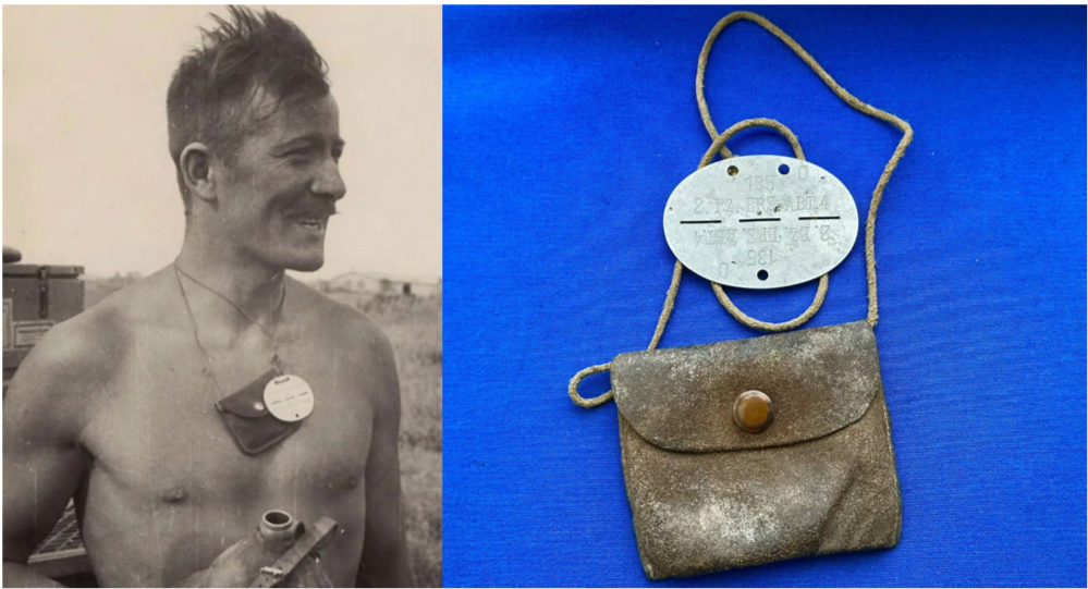 Из сети. Самое тиражируемое фото солдата вермахта с флягой и ЛОЗом на веревке, обвитой вокруг шеи, и чехлом для него, напоминающем кошелек. На правом фото - ЛОЗ в комплекте с чехлом, торгуемый на онлайн-аукционе.