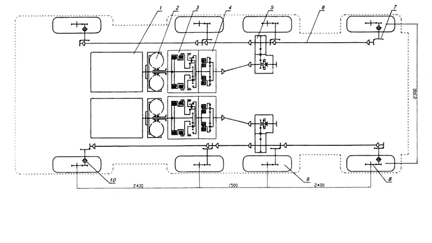 Схема бортовой передачи более позднего автомобиля ЗиЛ-135Е. Возможны отличия, но общее представление создает