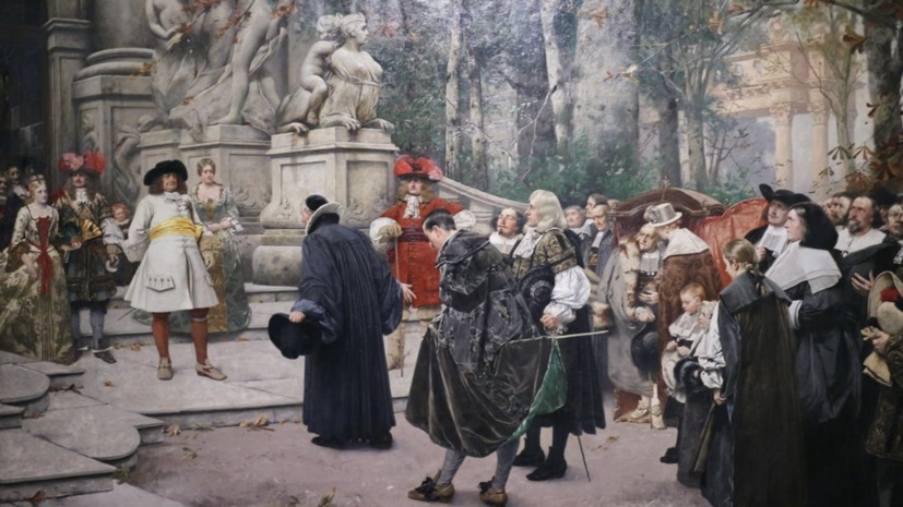     Приём беженцев великим курфюрстом в Потсдамском дворце, 1685 год, художник Гуго Фогель  Общественное достояние