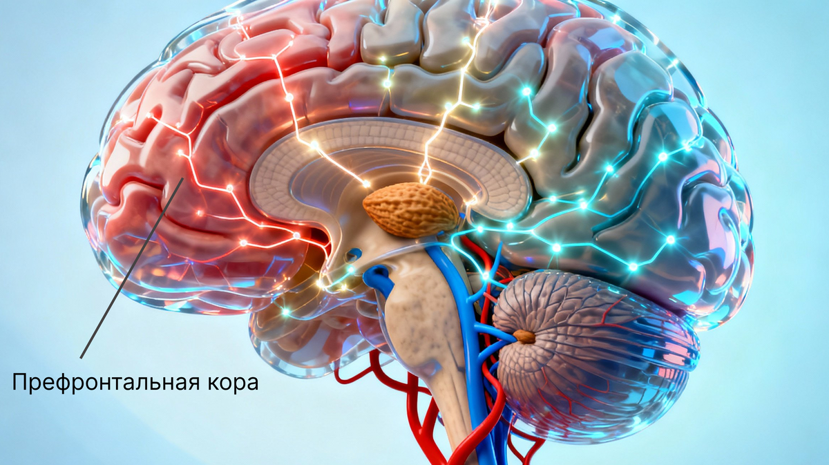 Префронтальная кора (красный) спит...