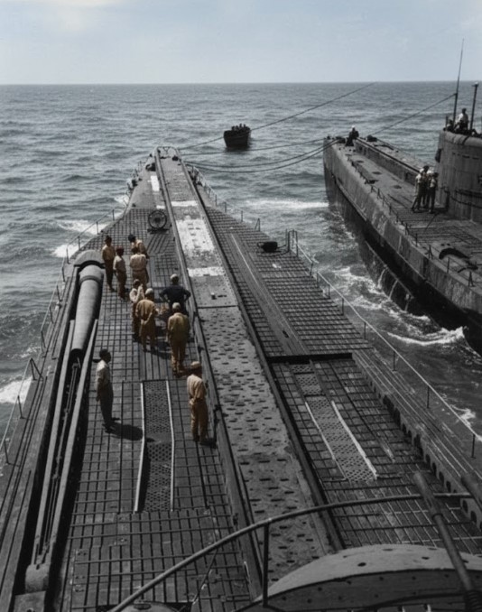 Катапульта для запуска самолётов перед ангаром на I-14. Под палубой располагались четыре баллона с высоким давлением воздуха, приводившие в движение поршень, запускавший гидросамолёты