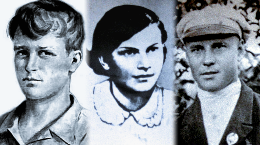 Юные герои: Парфентий Карпович Гречаный, Дарья Григорьевна Дьяченко и Владимир Степанович Моргуненко.