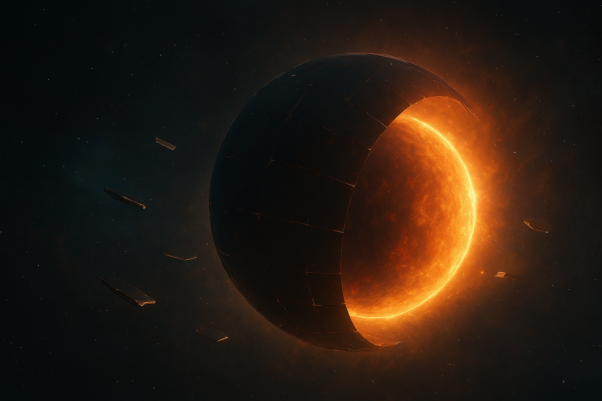 В глубинах космоса звезда наполовину скрыта за гигантской тенью, вокруг неё вращаются светящиеся фрагменты, будто зеркала. В кадре — ощущение тайны и предчувствия великого открытия.