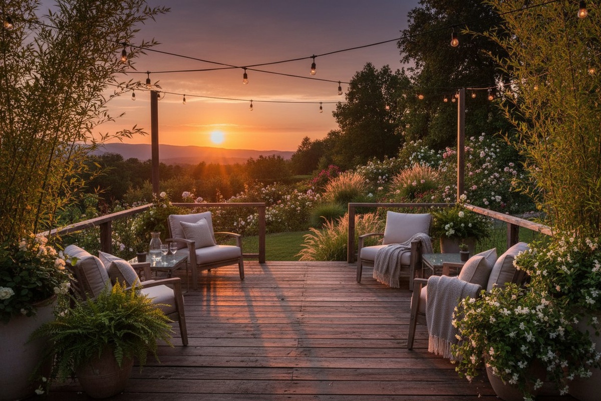 Изображение деревянной террасы в саду с видом на закат, терраса с мягкими креслами и растениями
