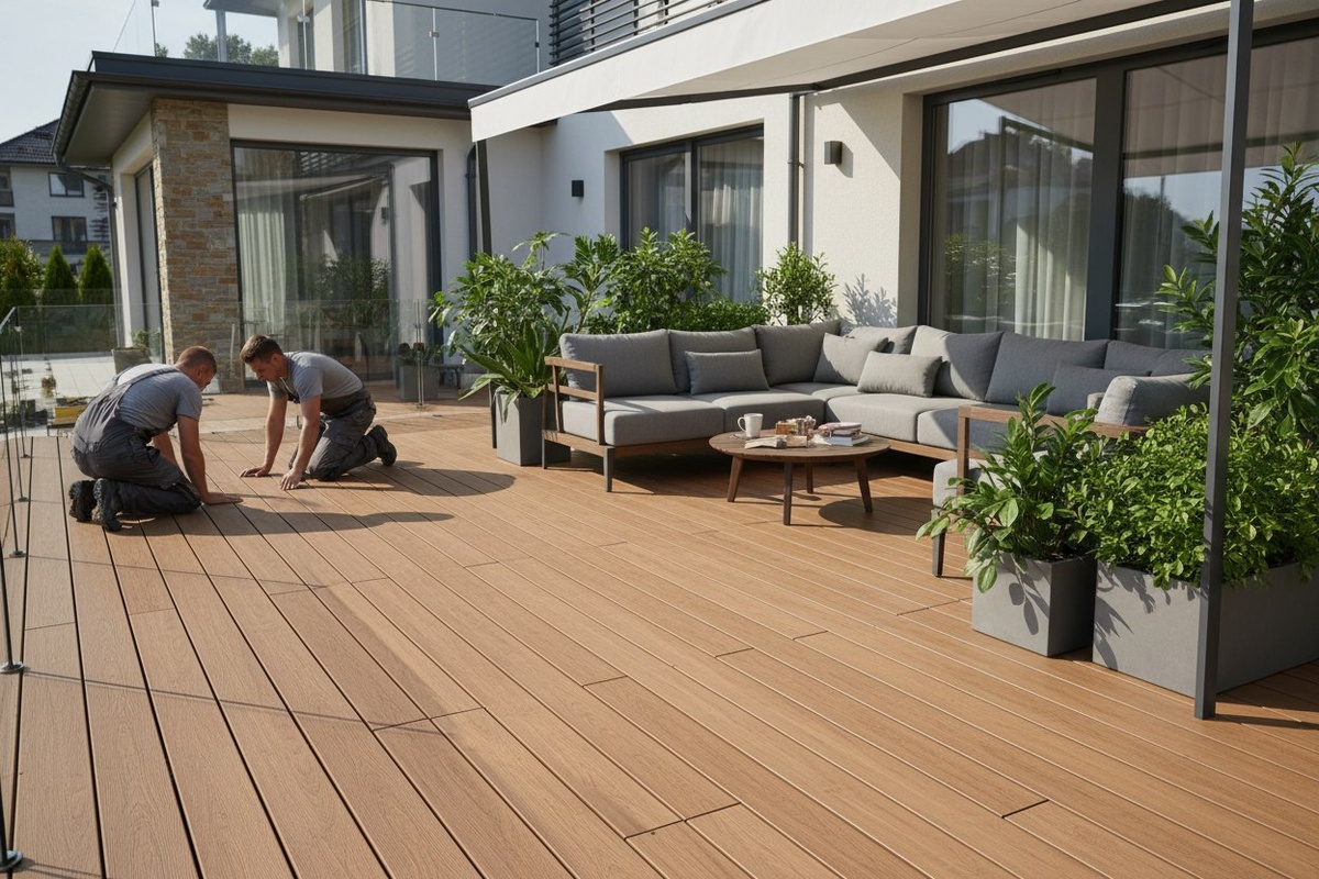 Укладка композитной доски на террасе, стильно оформленный уголок для отдыха с композитной террасной доской