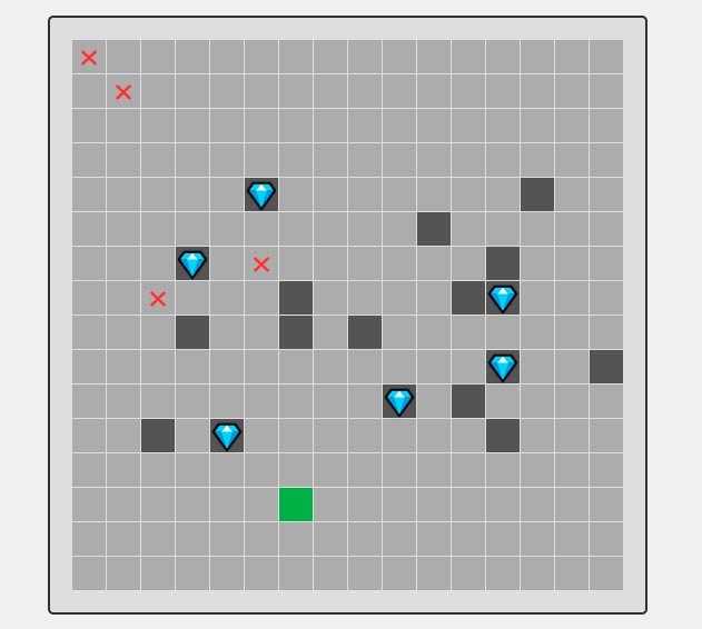 Изображение большого игрового поля с размещёнными на нём кладами и попытками их отыскать