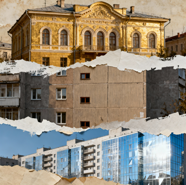 Дореволюционный особняк, советская хрущевка, современный жилой комплекс.