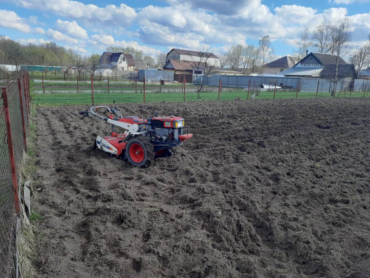 Вспашка и выравнивание земли тяжелым мотоблокомот компании alladin-autospekc.ru