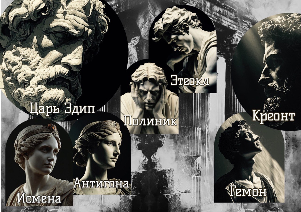 Семейное древо. Царь Эдип и его дети: Этеокл, Поленик, Антигона и Исмена. И Креонт и его сын Гемон, влюблённый в Антигону.