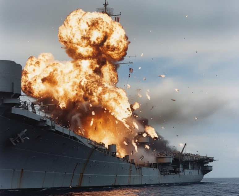 Самолёт-камикадзе взрывается после столкновения с авианосцем USS Intrepid (CV-11) во время операции у берегов Филиппин в ноябре 1944 года.