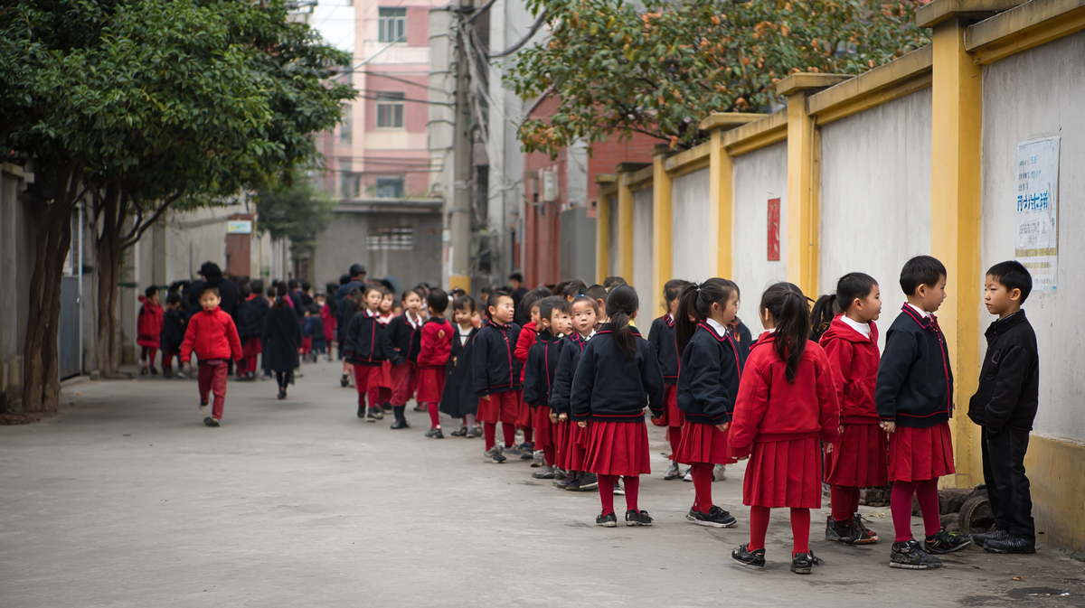 Китайские школьники на улице перед школой — дети изучают китайский язык и культуру. Фото иллюстрирует тему: китайский язык для детей, обучение китайскому дома и в школе, дети и изучение китайского.