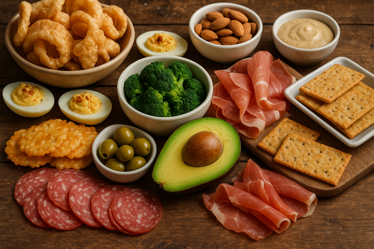 Фотореалистичный стол с кето-закусками: авокадо, отварные яйца с начинкой, ломтики салями и прошутто, зелёные оливки, сырные чипсы, орехи, брокколи и кето-крекеры. Аппетитное ассорти низкоуглеводных перекусов для кето-диеты, поданное на деревянной поверхности в домашней уютной атмосфере.